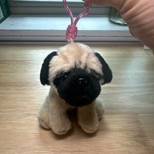 Russ Plush Pug Keychain - Cream Body with Black Face & Ears, Pink Clip